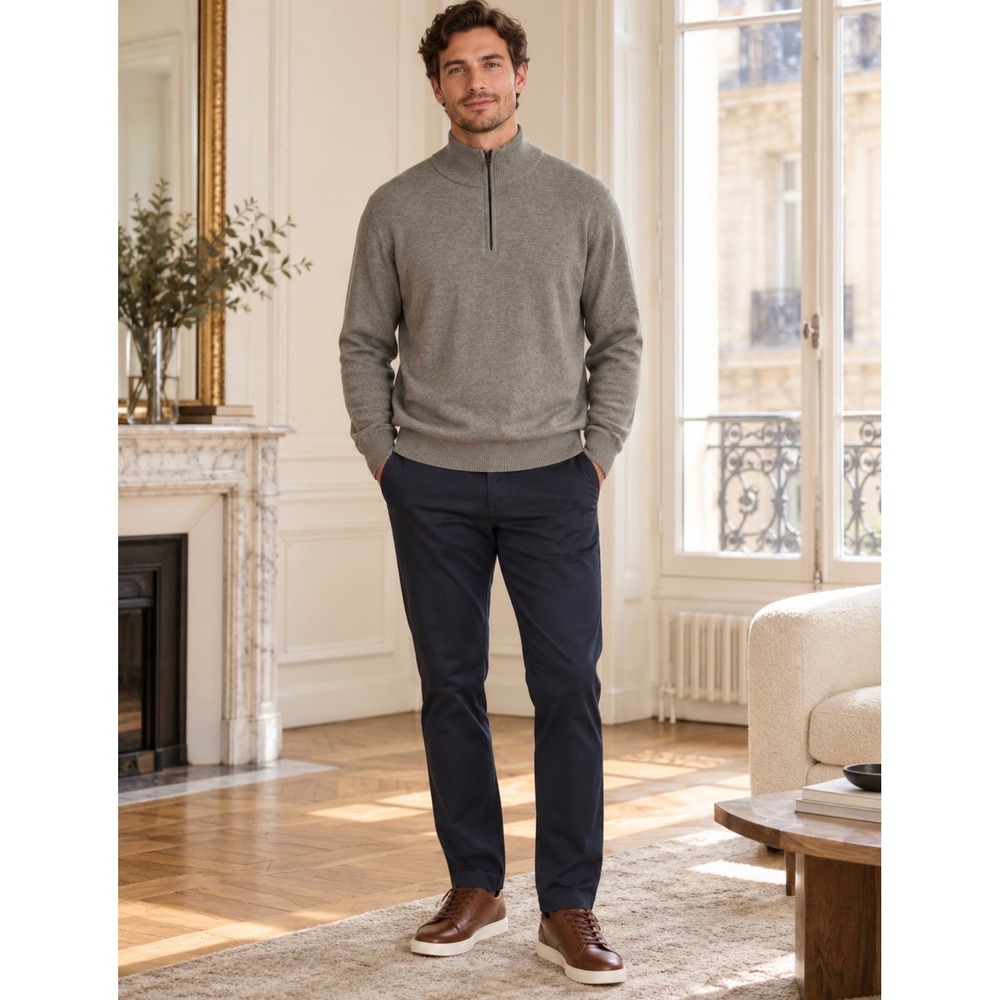 J.Crew Mens Large Tall Grey Quarter Zip Cotton Merino Wool Sweater Preppy